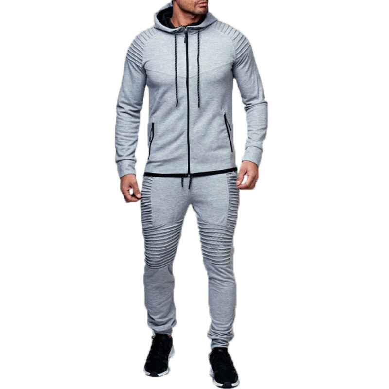 Light gray slim-fit cotton hooded tracksuit set with elastic waistband for gym and casual wear