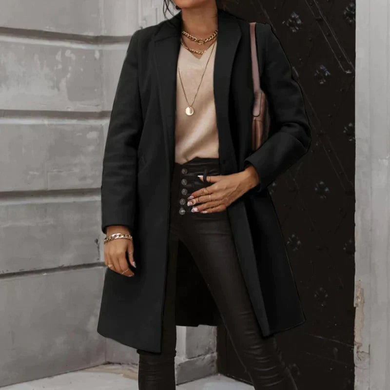 Women's fitted single-breasted winter trench coat with classic collar and practical pockets for workwear