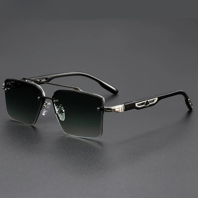 Rimless square sunglasses gold-tone accents lightweight metal temples modern architectural silhouette