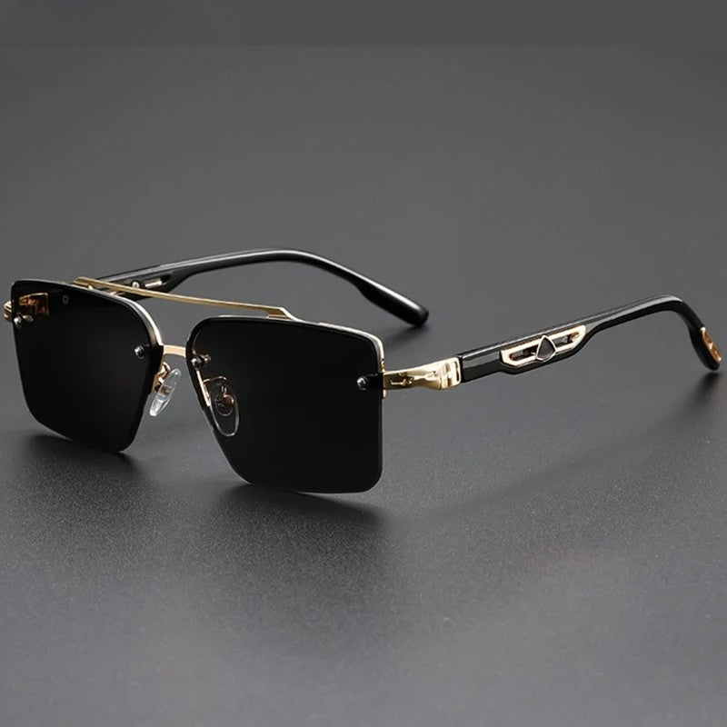 Rimless square sunglasses gold-tone accents lightweight metal frame modern architectural silhouette