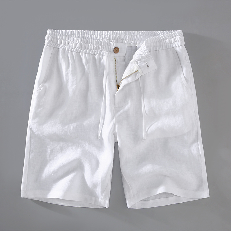 Men's beige linen blend shorts smart casual tailored cut stretch waistband drawcord summer lightweight