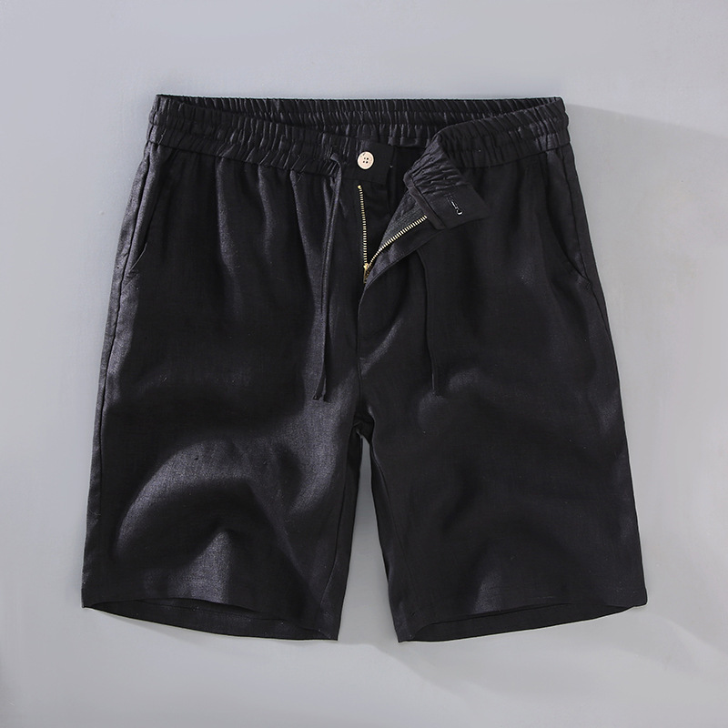 Men's beige linen blend shorts smart casual tailored cut stretch waistband summer lightweight