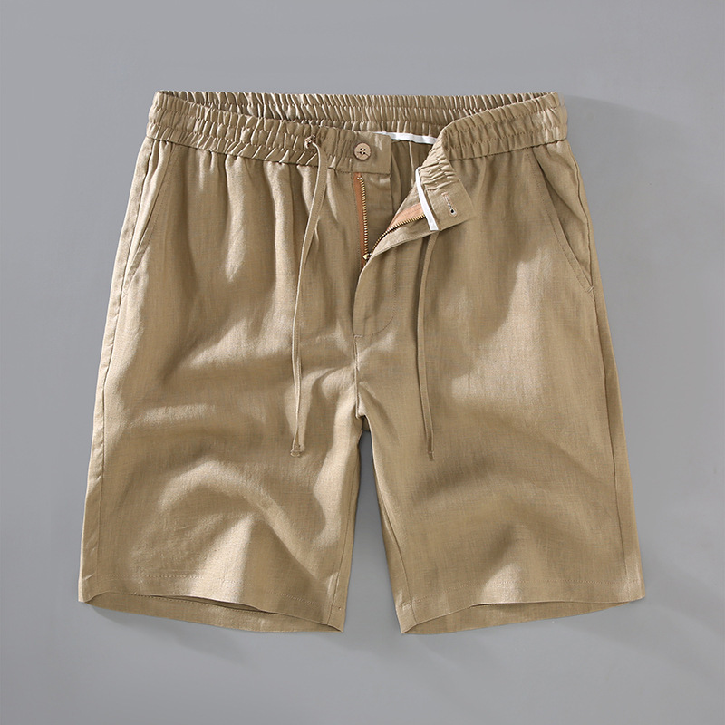 Men's beige linen blend shorts smart casual tailored fit stretch waistband drawcord summer style