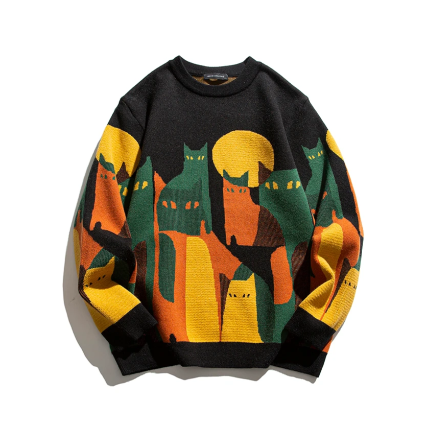 Men's relaxed fit knit sweater bold abstract cat graphic print cozy soft casual statement style