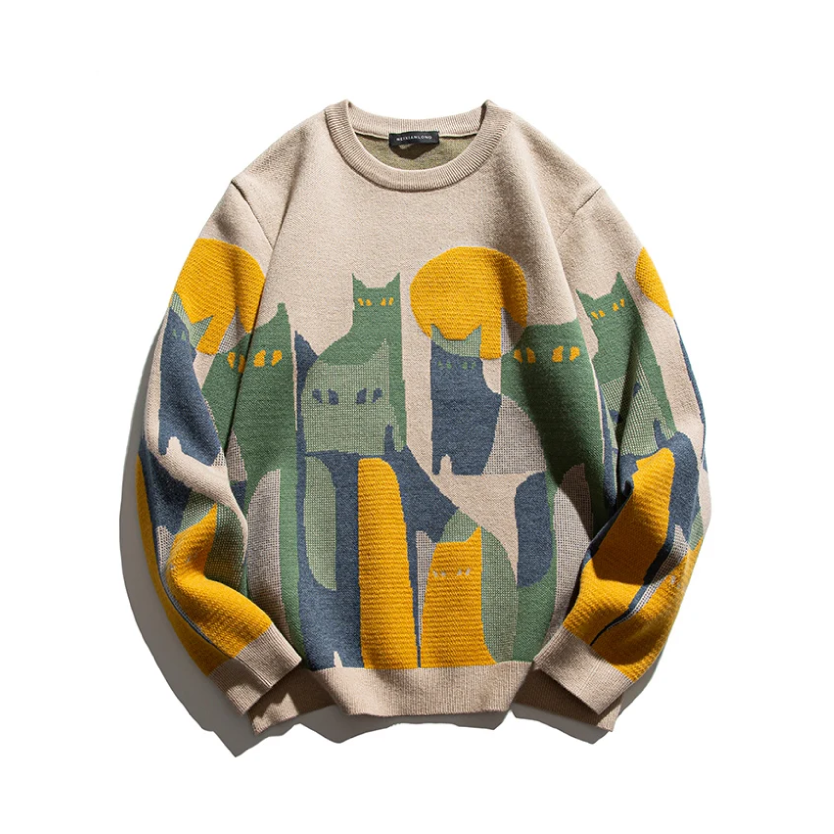 Men's relaxed fit graphic cat print knit sweater with bold abstract colorful design