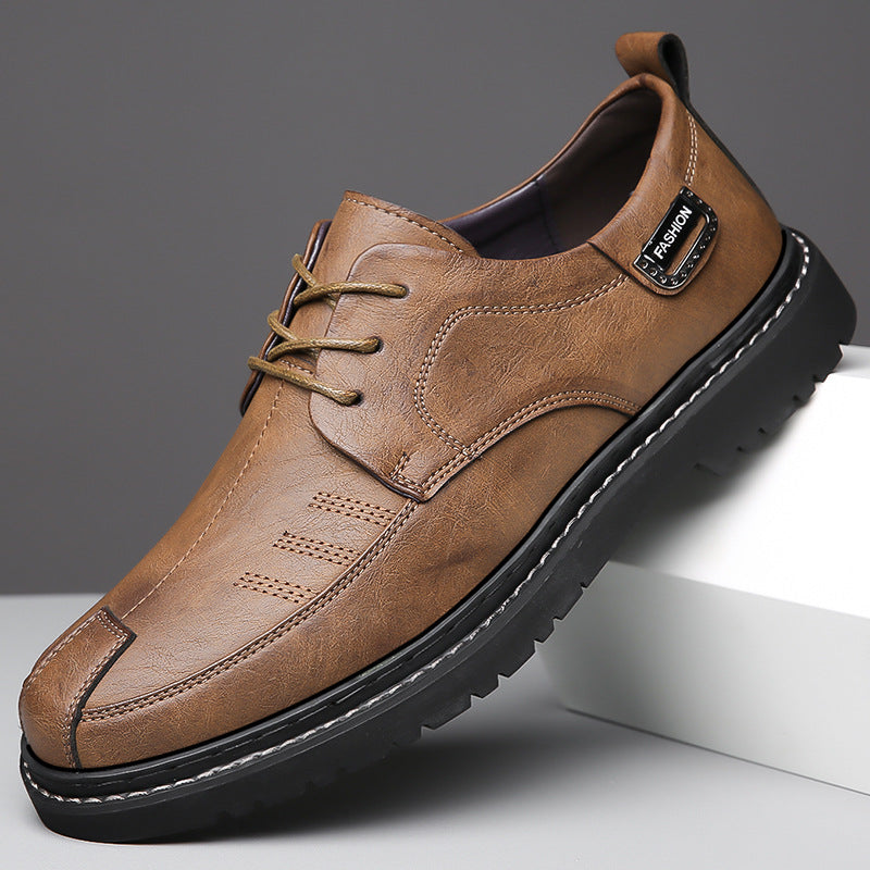 Brown genuine leather oxford shoes with precision stitching, cushioned footbed for all-day professional comfort