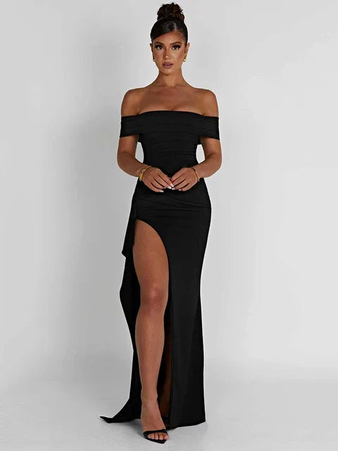Elegant black off-shoulder fitted evening gown with high slit, sleek formal style for women
