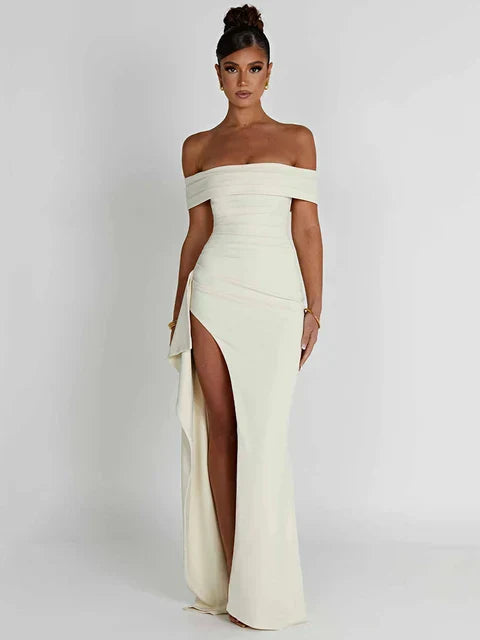 Elegant black off-shoulder fitted evening gown with high slit, sleek formal style for women