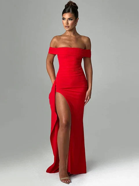 Elegant black off-shoulder fitted evening gown with high slit, sleek formal silhouette