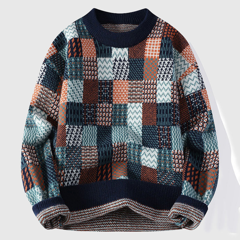 Women's multicolor chunky knit winter sweater soft cotton patchwork cozy woven pullover