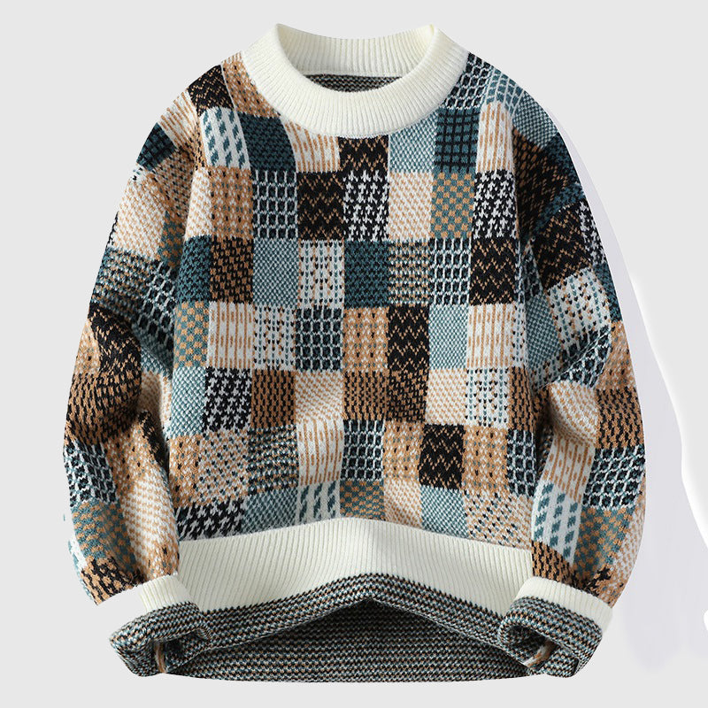 Women's multicolor chunky knit winter sweater soft cotton patchwork cozy woven pullover