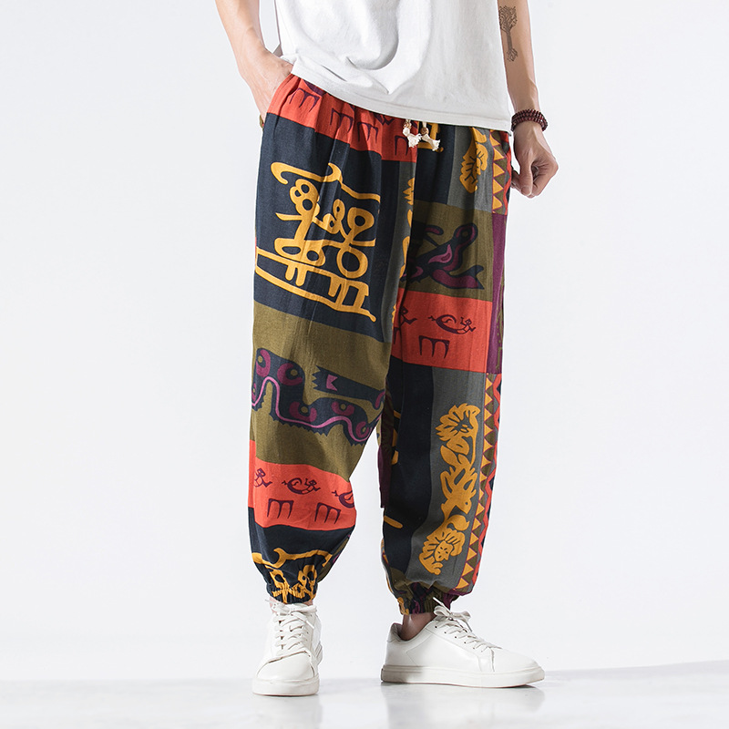 Beige abstract ink print joggers relaxed fit breathable cotton linen blend elastic waistband