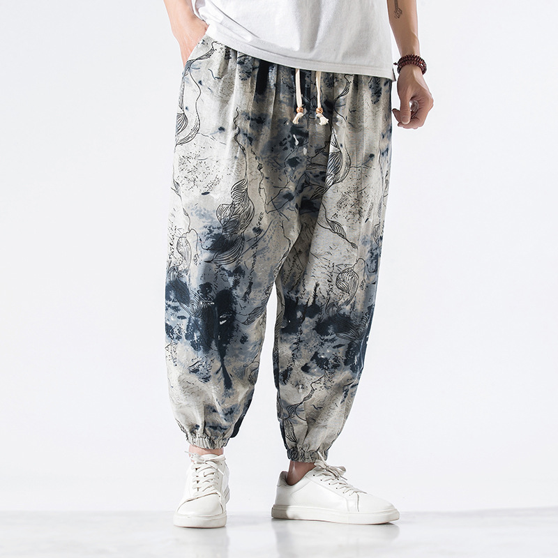 Black white abstract ink print joggers relaxed fit breathable cotton linen blend elastic waistband