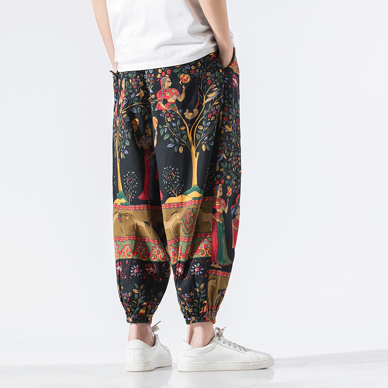 Relaxed-fit joggers with abstract ink print in cotton-linen blend featuring elastic waistband