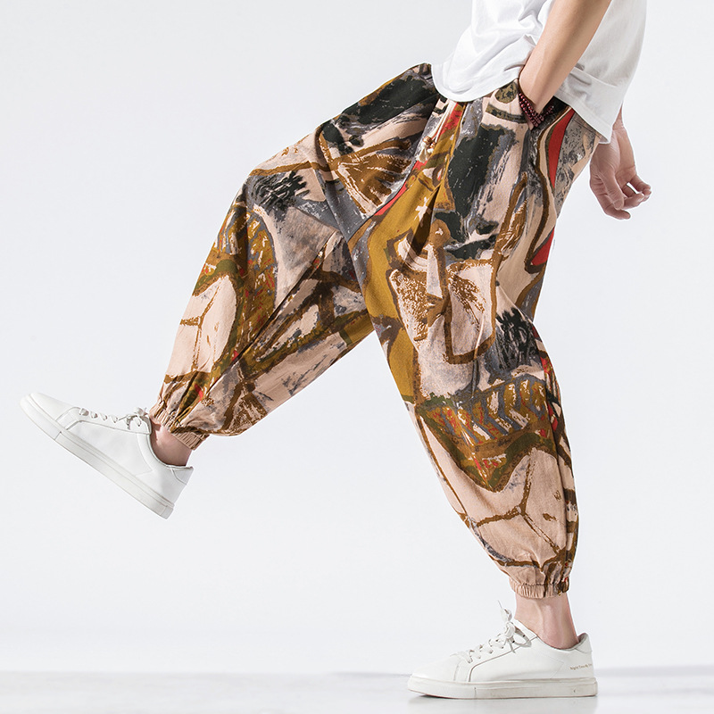 Beige abstract ink print joggers relaxed fit breathable cotton linen blend elastic waistband