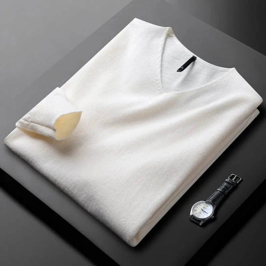 Men's cashmere blend V-neck sweater, lightweight modern silhouette with elegant neckline
