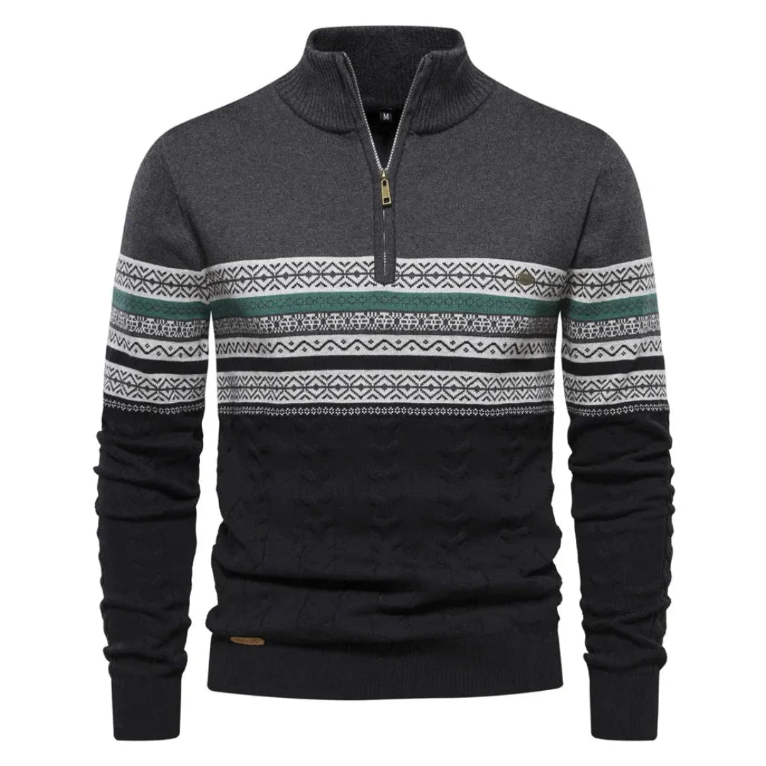 Striped quarter-zip Nordic knit sweater in neutral tones with breathable premium fabric for winter layering