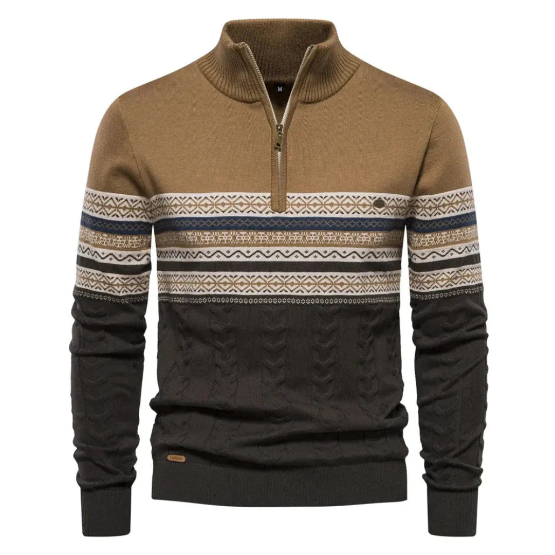 Men's striped quarter-zip sweater in Nordic knit with breathable premium fabric for winter layering