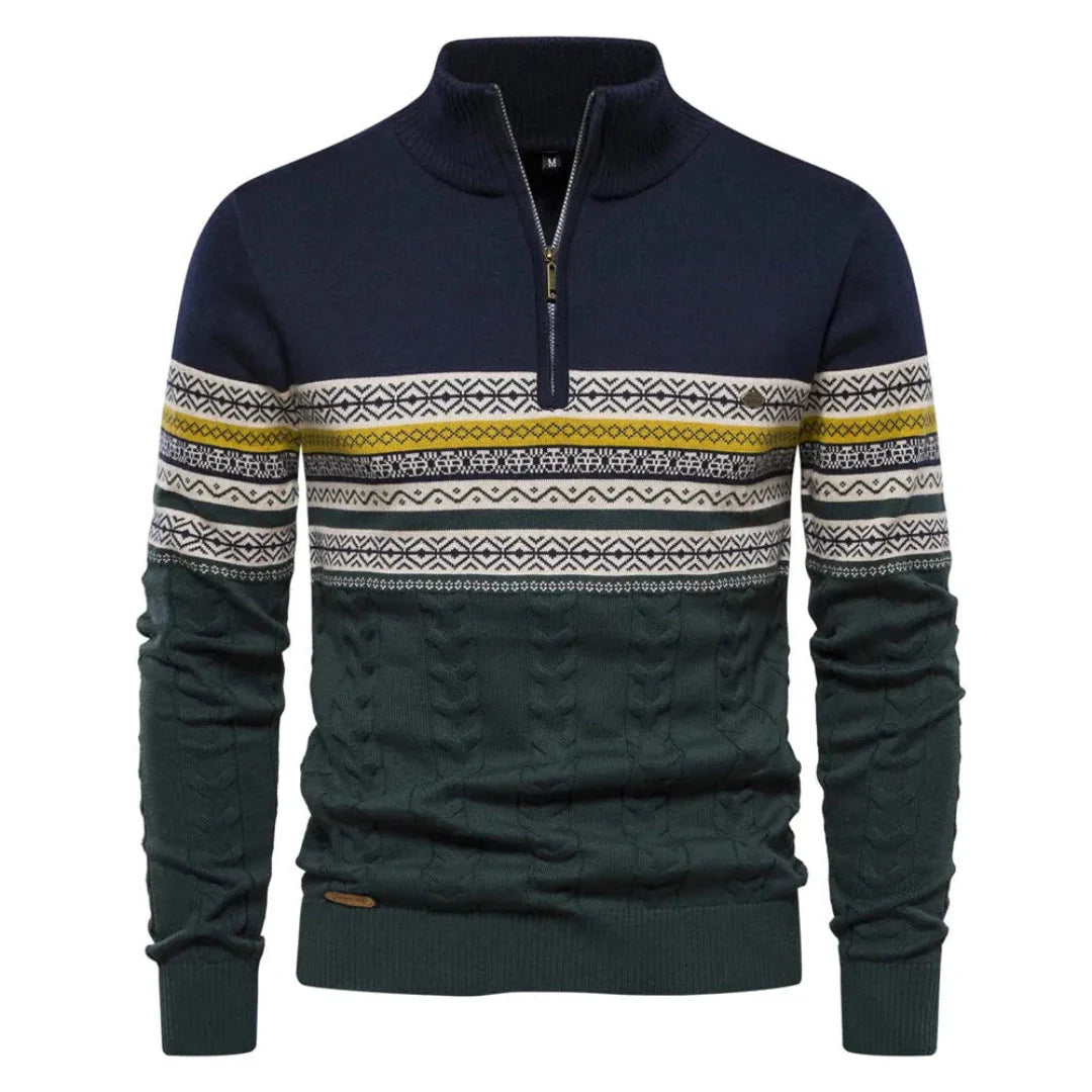 Men's striped quarter-zip Nordic knit sweater in multicolor with breathable premium fabric