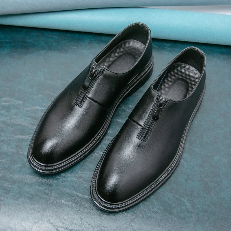 Burnished genuine leather professional loafers in deep patina with dual side zippers and cushioned insole