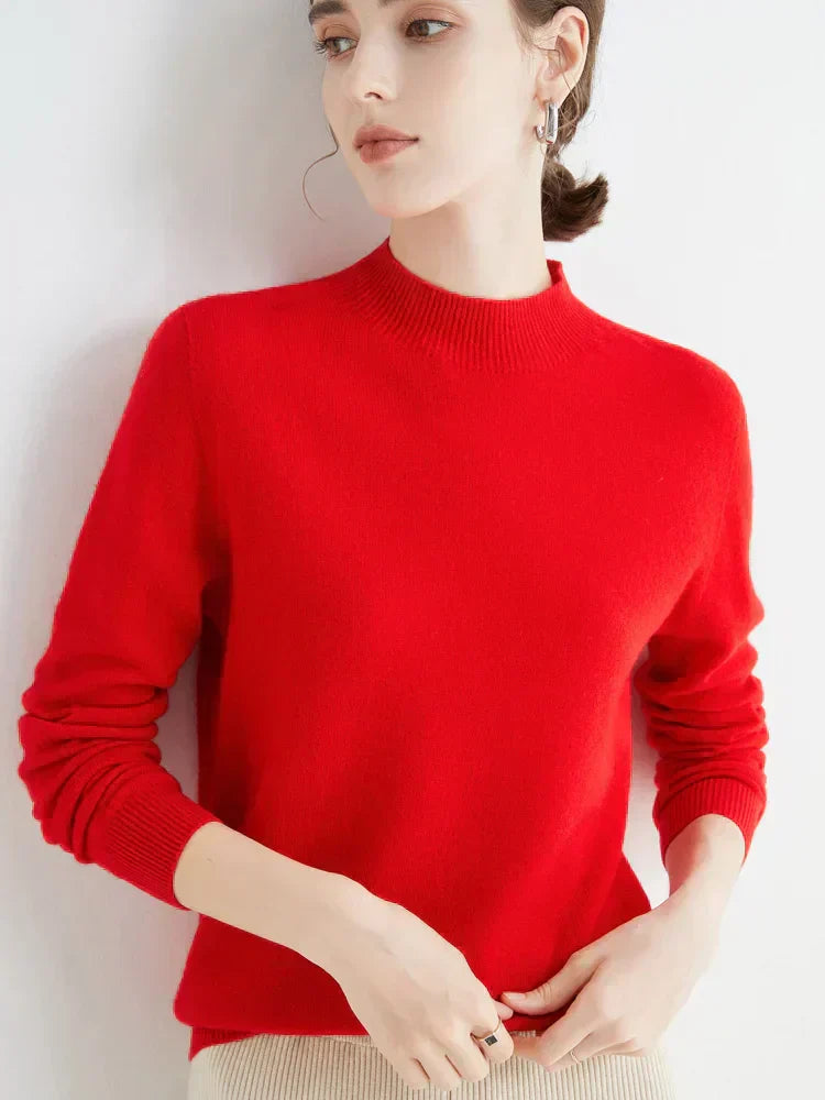 Elegant women's knit sweater in neutral tones, slim office fit with timeless versatile silhouette