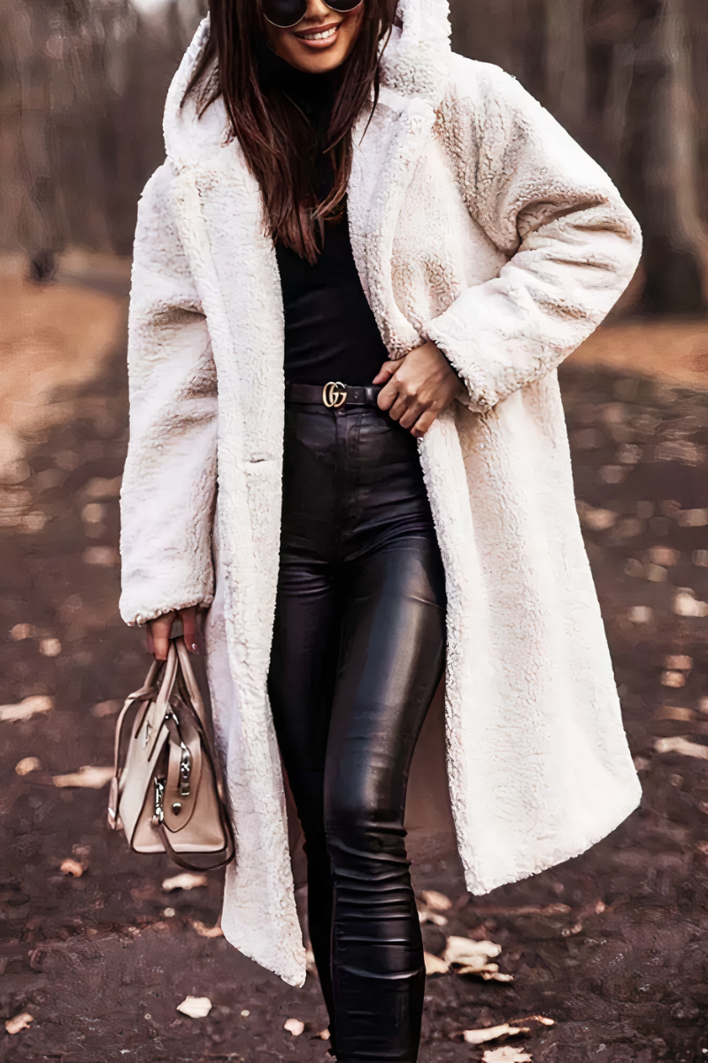 Women's plush coat warm cozy relaxed fit sustainable layering piece in soft modern silhouette