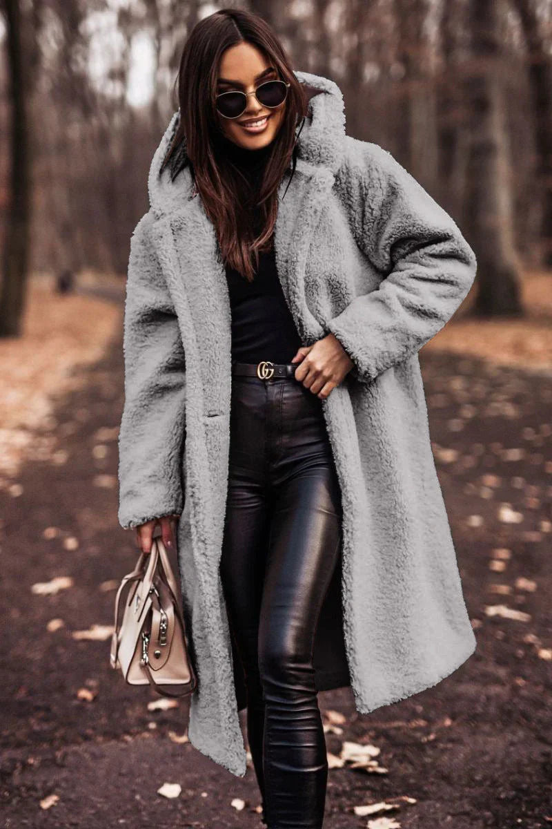 Women's plush coat warm cozy relaxed fit sustainable layering outerwear soft modern silhouette