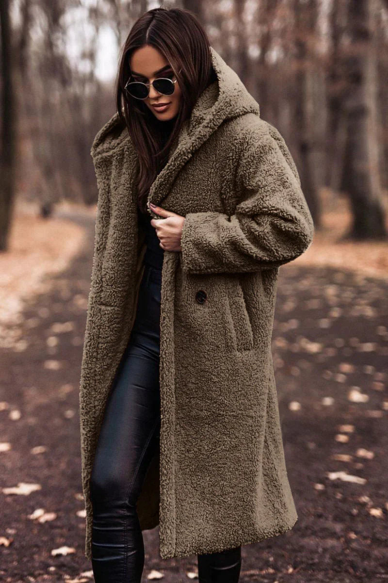 Women's plush coat warm cozy relaxed fit sustainable layering piece in soft modern silhouette