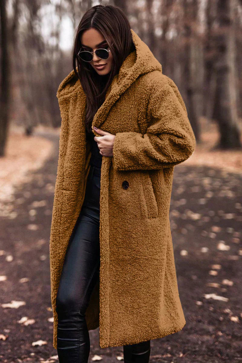 Women's long hooded coat loose fit open front design with pockets for cold weather comfort