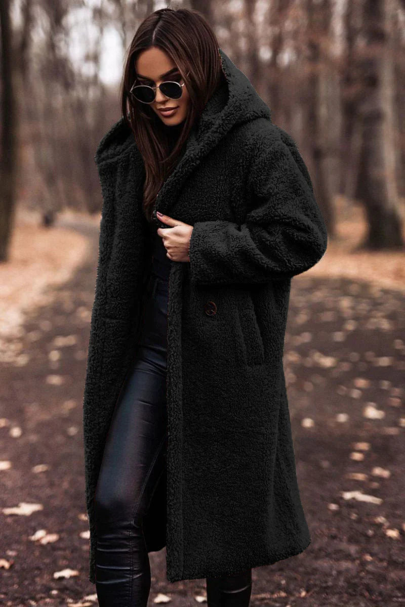 Women's plush coat warm cozy relaxed fit sustainable layering piece in soft modern silhouette