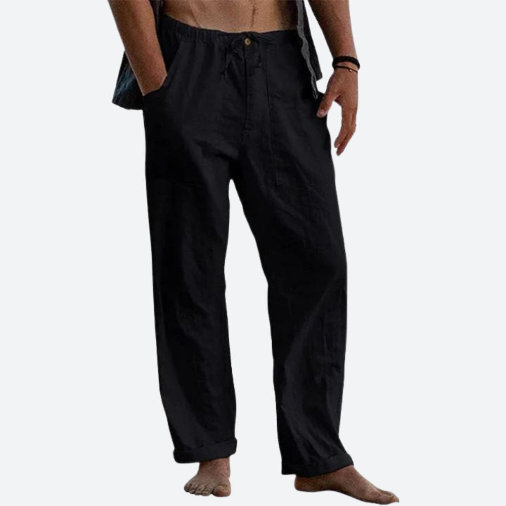 Men's beige linen pants relaxed fit breathable casual summer trousers with natural texture