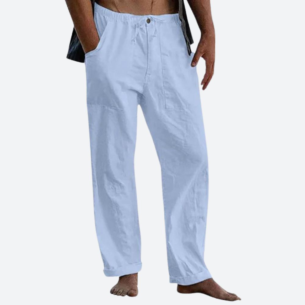 Men's beige linen relaxed-fit pants, breathable 100% linen fabric for summer comfort