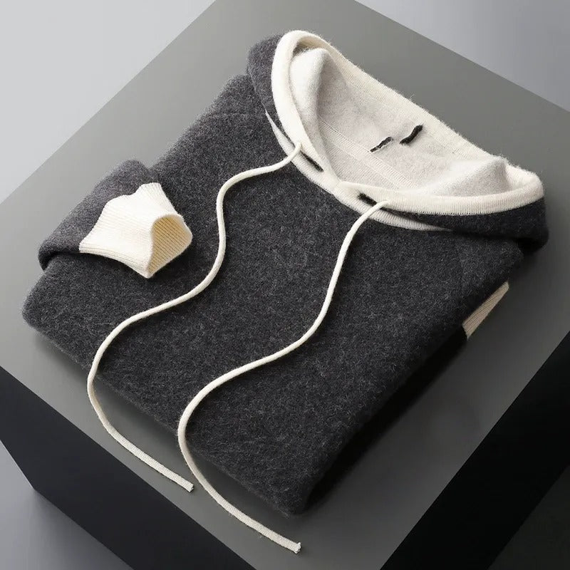 Heavyweight 100% cashmere unisex hoodie oversized knit silhouette with contrast hood trim