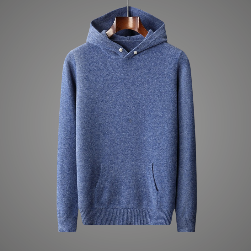 Heather gray minimalist hoodie wool-cotton blend with two-tone contrast hood, relaxed modern fit