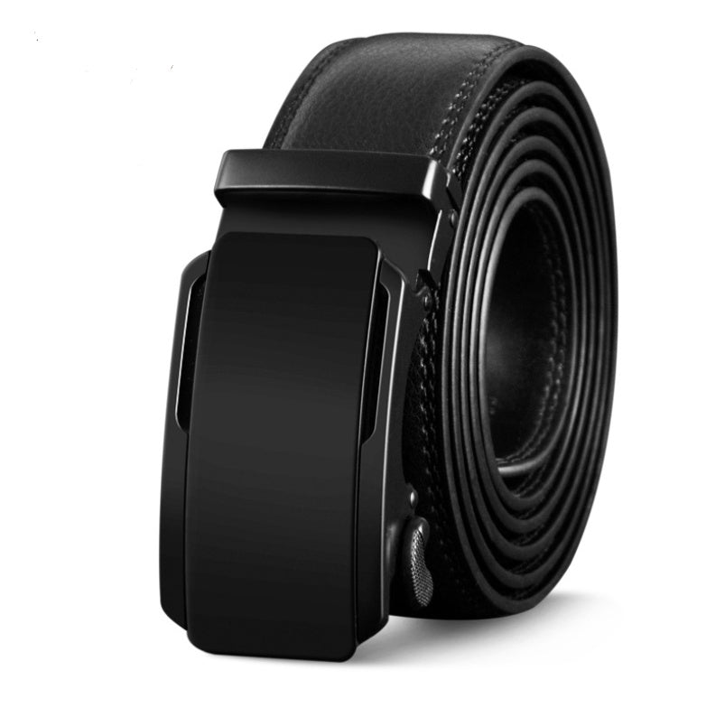 Men's black automatic belt with self-adjusting ratchet closure, sleek minimalist buckle for professionals