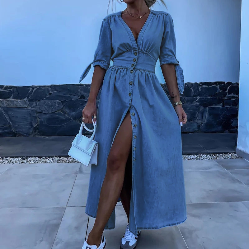 Women's blue denim Sophie dress, timeless comfort fit with elegant everyday versatile silhouette