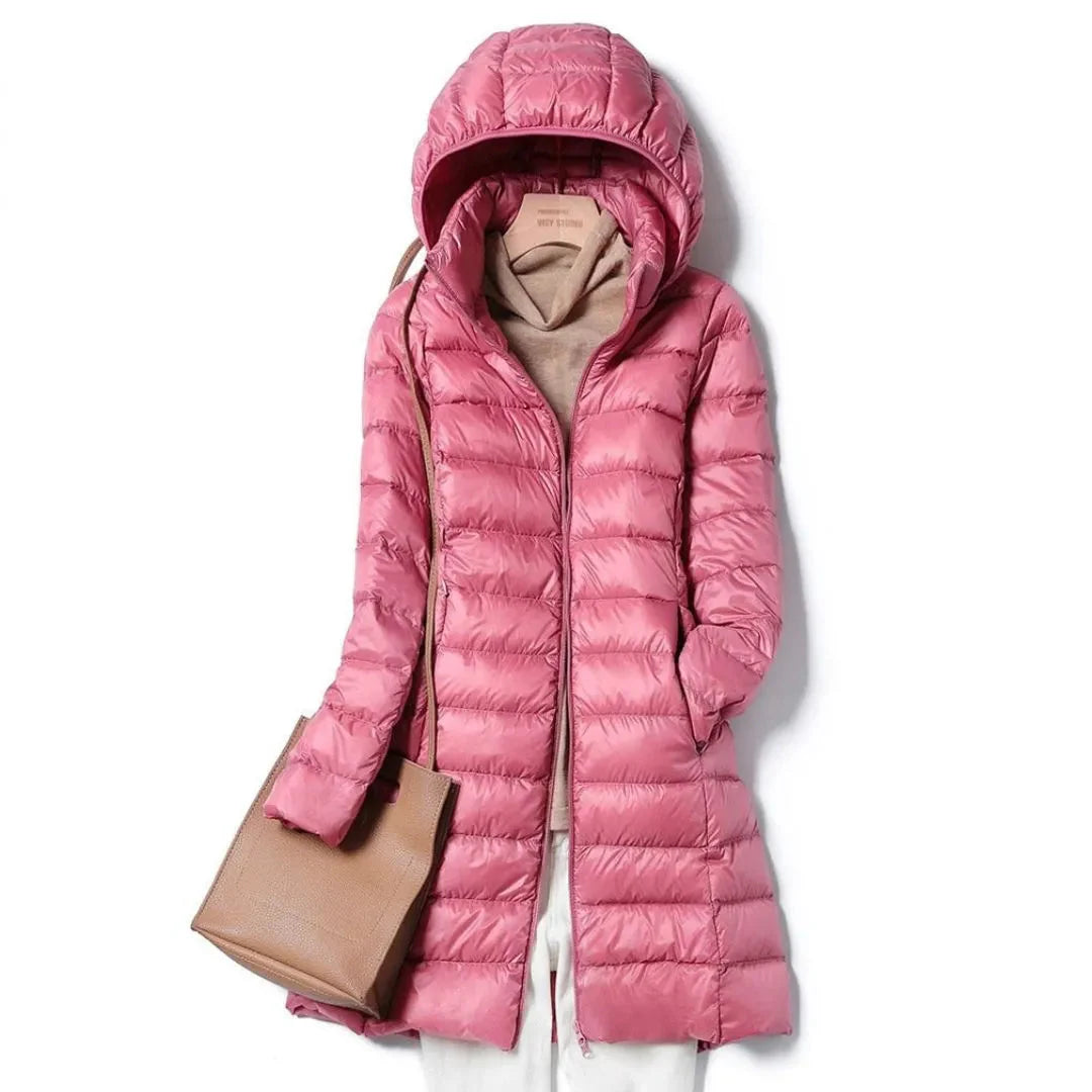 Women's black longline hooded puffer coat lightweight wind resistant winter essential sleek silhouette