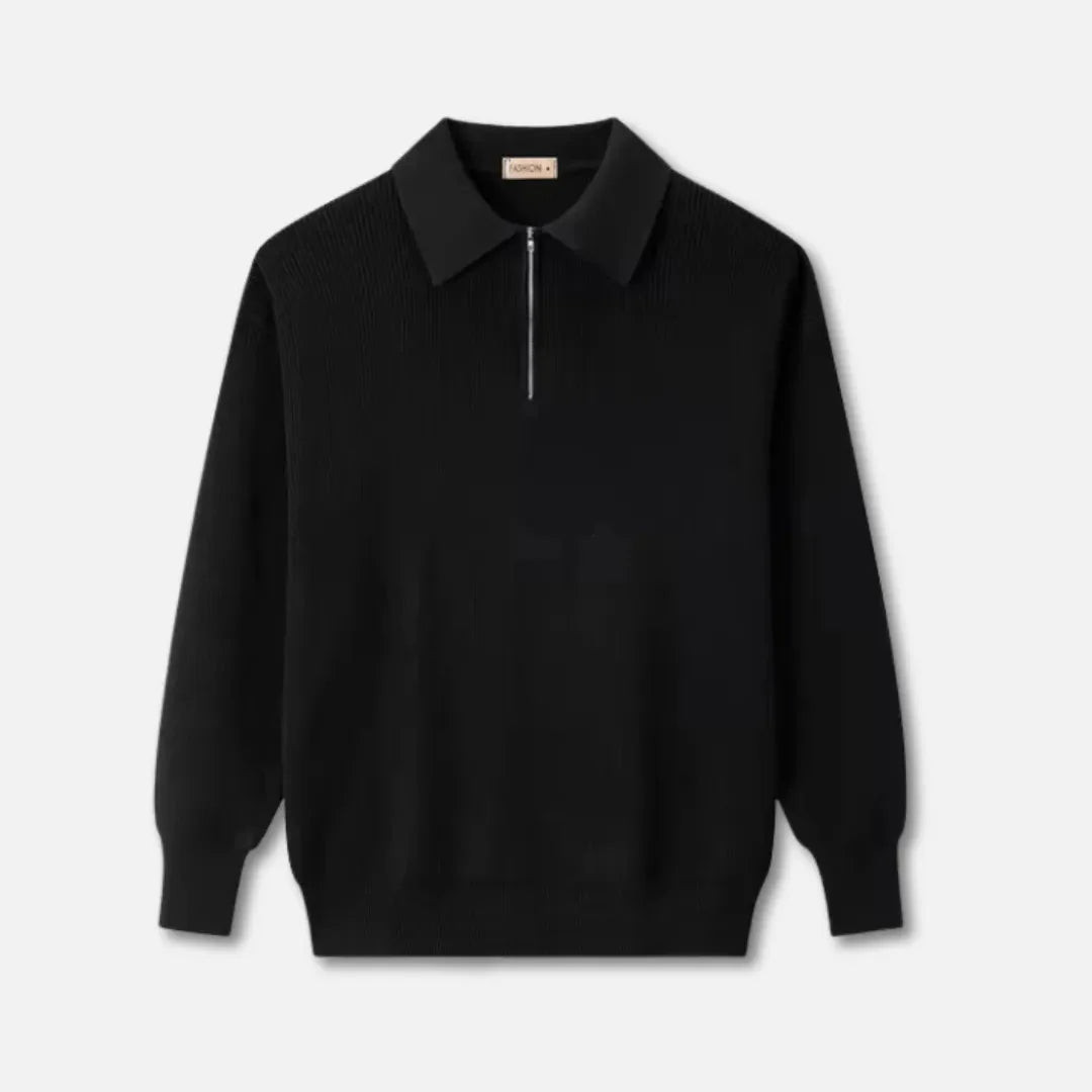 Men's ribbed knit half-zip sweater in neutral tone with structured point collar and versatile fit