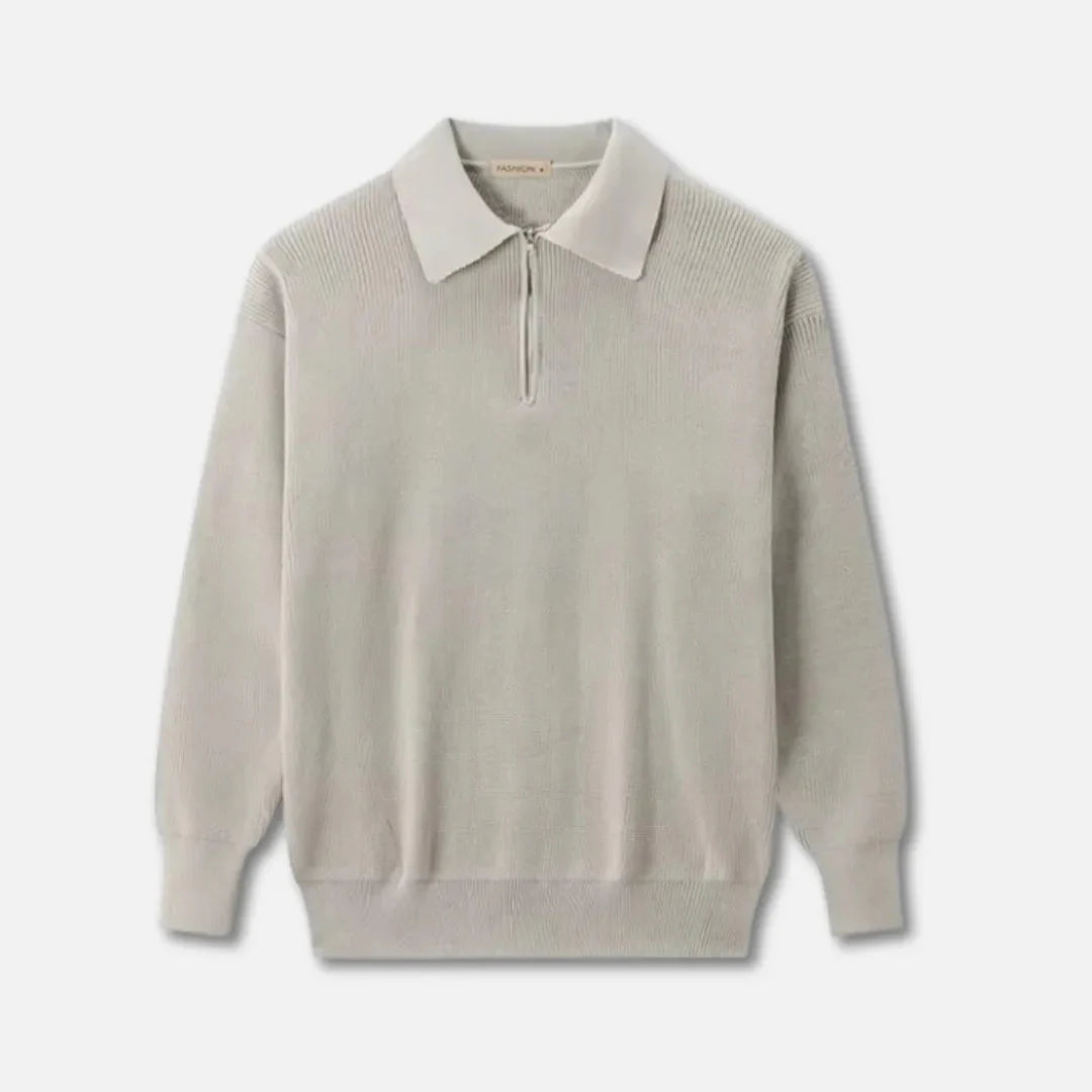 Men's navy ribbed knit half-zip sweater with structured point collar and versatile smart-casual design