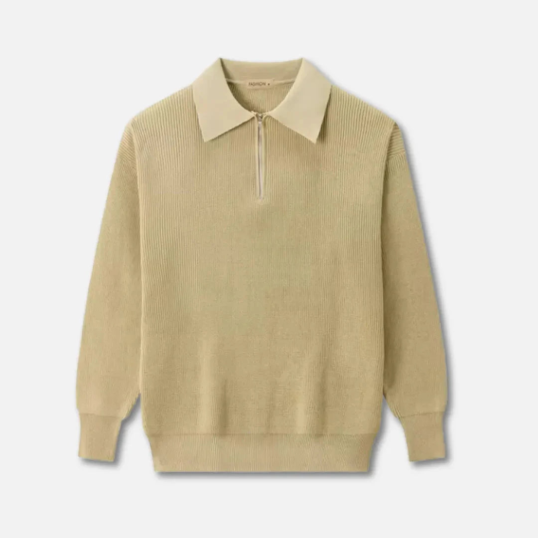 Men's ribbed knit half-zip sweater with structured point collar in versatile neutral tone