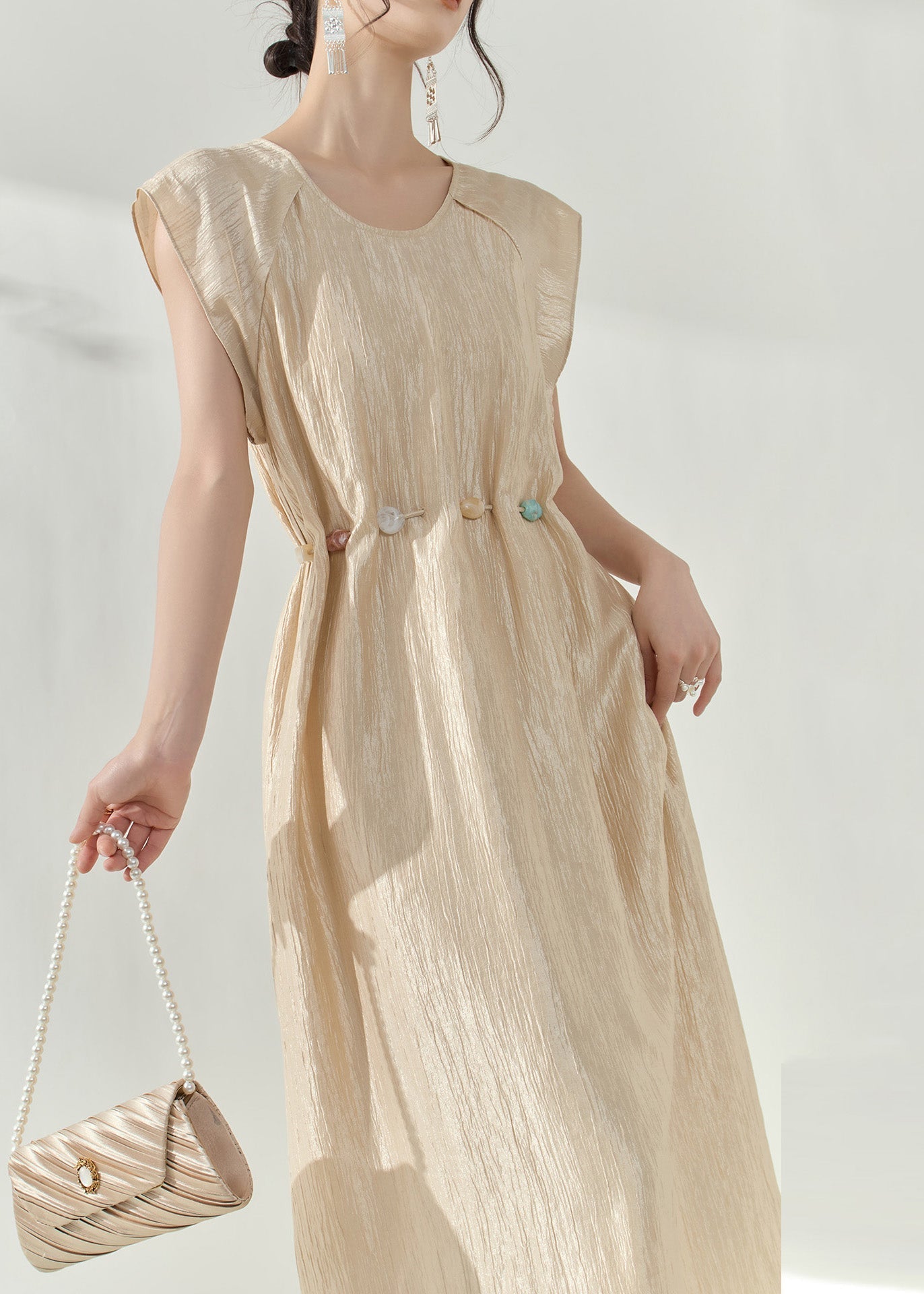 Robe longue slim patchwork champagne naturel pour l'été - Urbann-Vibe