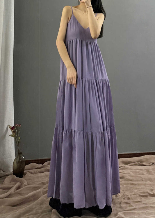 Robe longue à bretelles spaghetti en mousseline de soie violette naturelle, col en V, patchwork, été - Urbann-Vibe