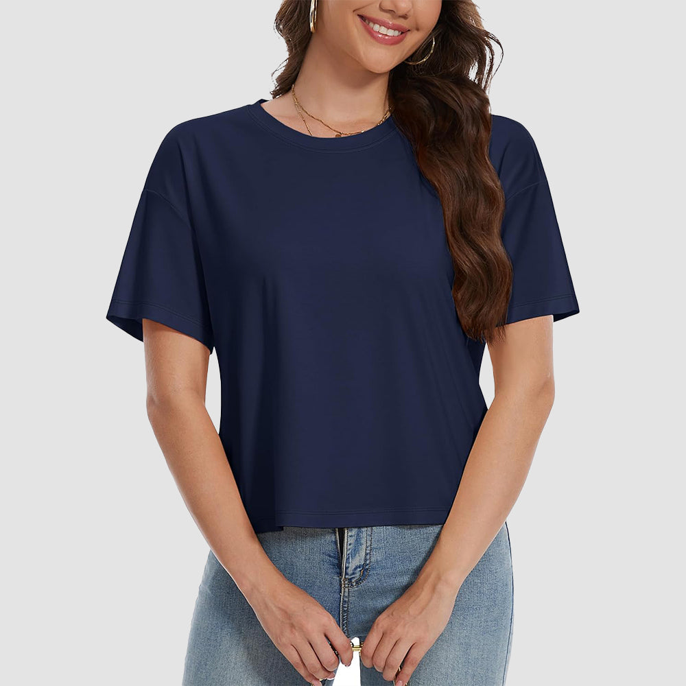 Women's white cotton crop top UPF 50+ moisture-wicking relaxed fit with sun protection