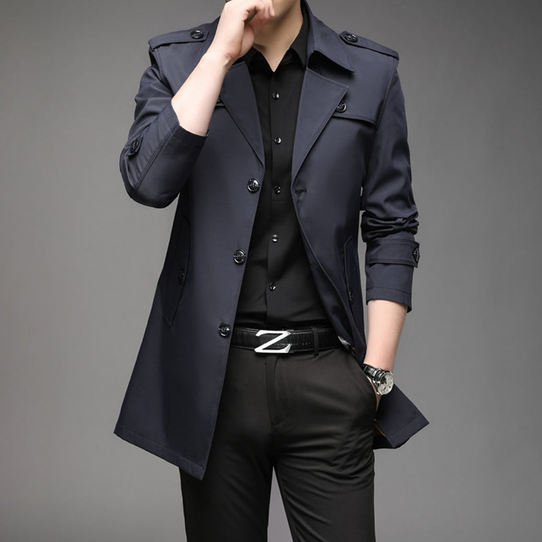 Men's lightweight single-breasted trench coat in classic neutral tone with clean front closure