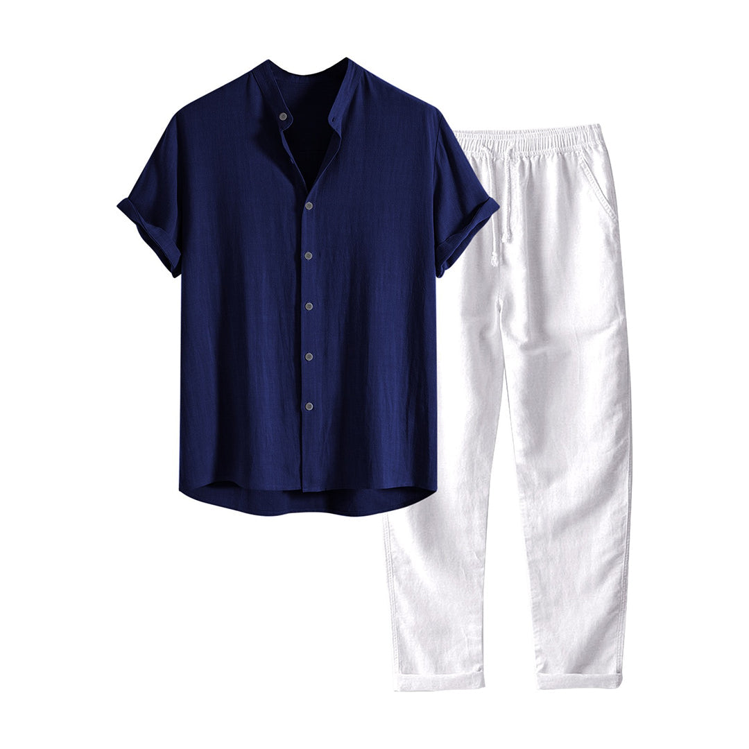Men's breathable casual short-sleeve shirt and straight-leg pants summer set for travel