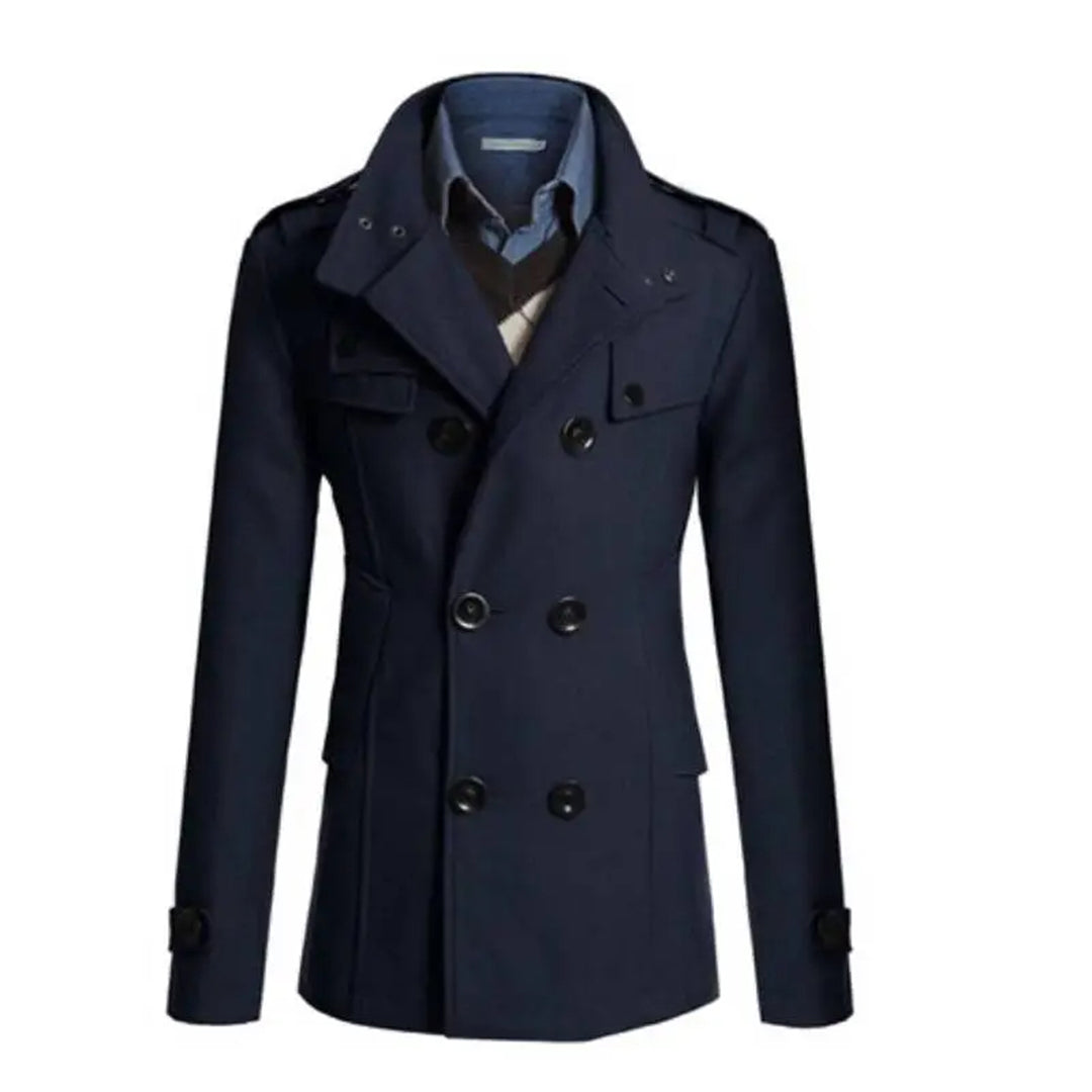 Men's dark wool double-breasted tailored coat with classic cut, modern professional style