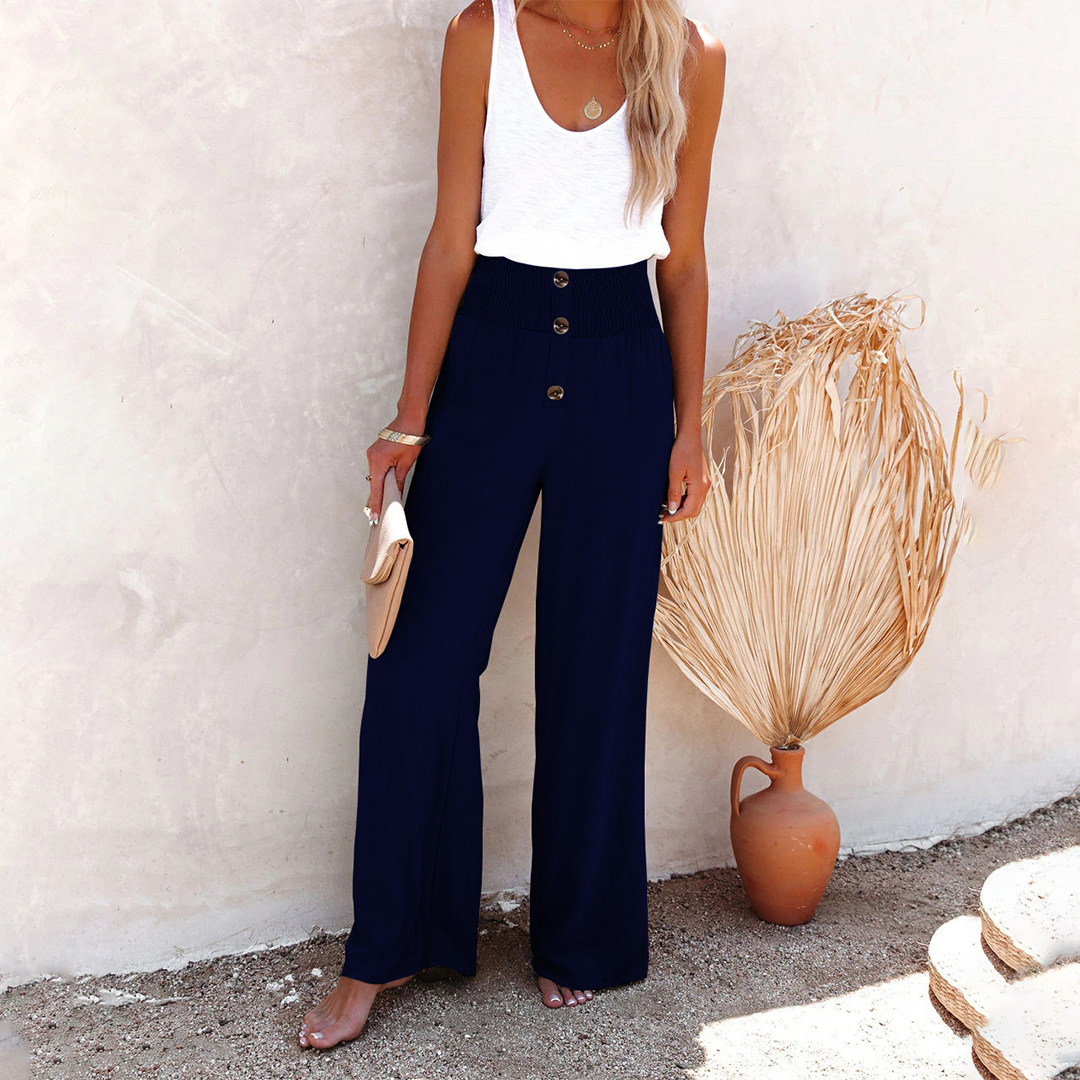 Women's boho wide-leg travel trousers with high-smocked waistband in relaxed chic silhouette