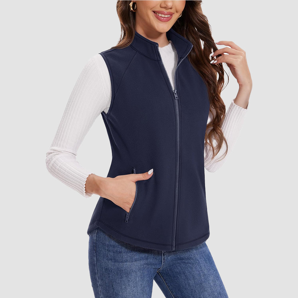 Women's lightweight fleece vest sleeveless black static-resistant polar with 4 deep pockets stand collar