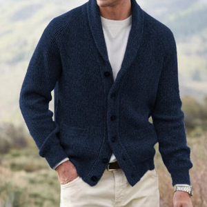 Men's shawl collar cardigan knit sweater with button closure and front pockets in classic fit
