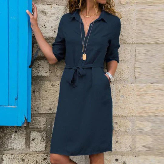 Women's navy blue waist-defining shirt dress classic silhouette with belted waist easy care fabric